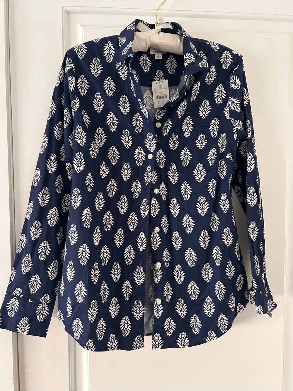 J. Crew Navy Button-Down Shirt with White Leaf Print
